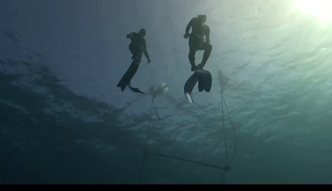 A freediver ascends along the guide rope from the deep blue ocean towards the surface light at El Veril drop-off in Morro Jable, Fuerteventura, Canary Islands, with his buddy providing safety below. Advanced deep freediving coaching session focusing on safety protocols and ascent technique with 25 years of maritime experience.